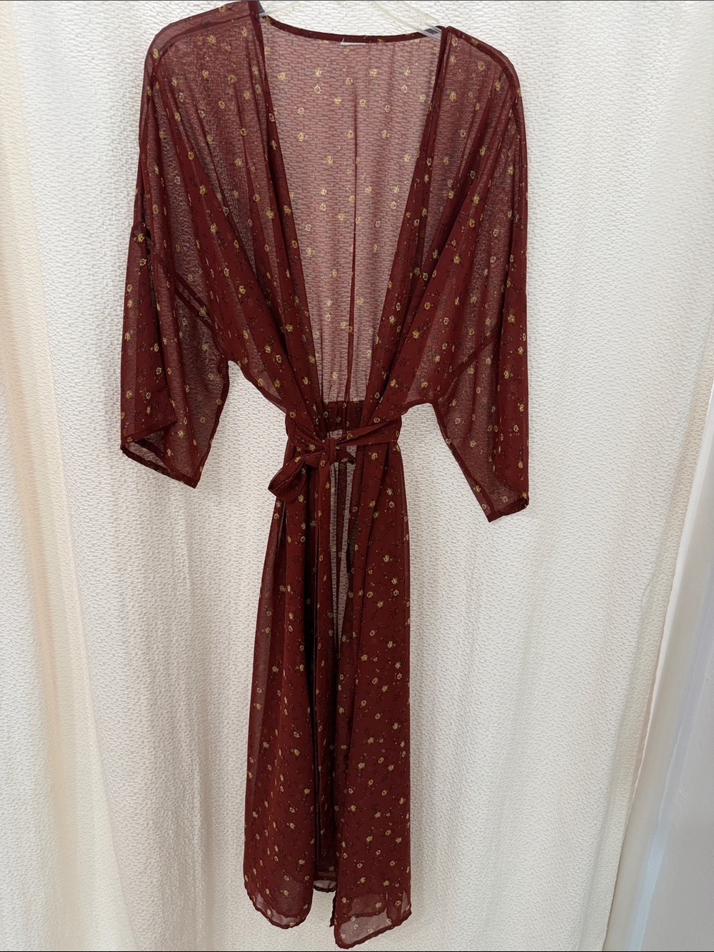Sheer Rust Floral Kimono Robe with Tie Waist